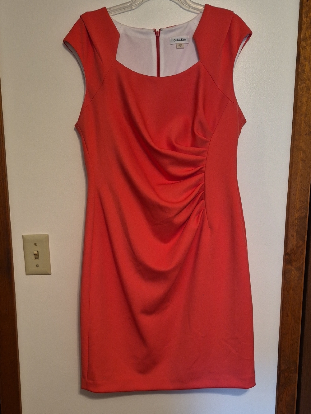 Calvin Klein Coral Cap Sleeve Midi Sheath Dress SZ 14